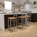 Commercial Grade Series Clear Coated Ladder Back Metal Restaurant Barstool - Wood Seat