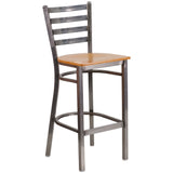 English Elm Commercial Grade Series Clear Coated Ladder Back Metal Restaurant Barstool - Wood Seat