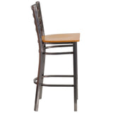 English Elm Commercial Grade Series Clear Coated Ladder Back Metal Restaurant Barstool - Wood Seat