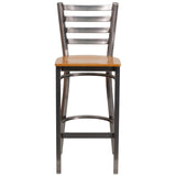 English Elm Commercial Grade Series Clear Coated Ladder Back Metal Restaurant Barstool - Wood Seat