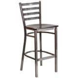 English Elm Commercial Grade Series Clear Coated Ladder Back Metal Restaurant Barstool - Walnut Wood Seat