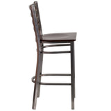 English Elm Commercial Grade Series Clear Coated Ladder Back Metal Restaurant Barstool - Walnut Wood Seat