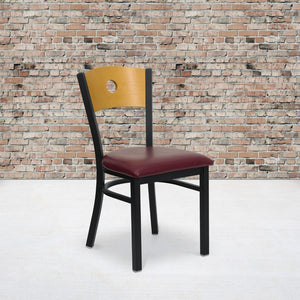 English Elm Commercial Grade Series Black Circle Back Metal Restaurant Chair - Natural Wood Back, Vinyl Seat