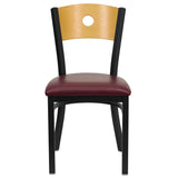 English Elm Commercial Grade Series Black Circle Back Metal Restaurant Chair - Natural Wood Back, Vinyl Seat