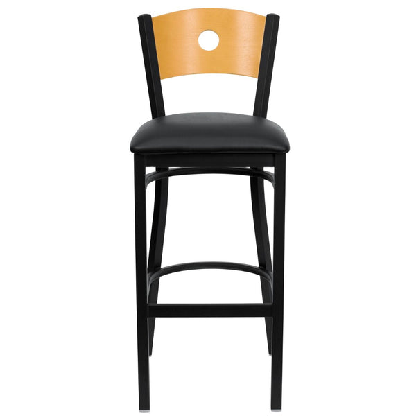 English Elm Commercial Grade Series Circle Back Metal Restaurant Barstool - Natural Wood Back, Vinyl Seat