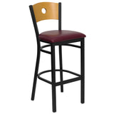 English Elm Commercial Grade Series Black Circle Back Metal Restaurant Barstool - Natural Wood Back, Vinyl Seat