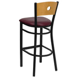 English Elm Commercial Grade Series Black Circle Back Metal Restaurant Barstool - Natural Wood Back, Vinyl Seat