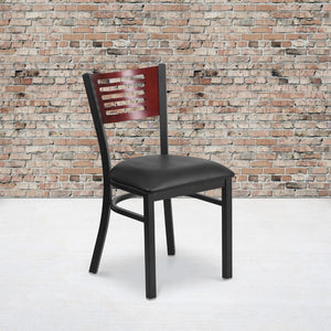 English Elm Commercial Grade Series Slat Back Metal Restaurant Chair - Mahogany Wood Back, Vinyl Seat