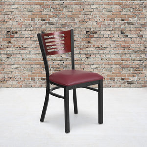 English Elm Commercial Grade Series Black Slat Back Metal Restaurant Chair - Mahogany Wood Back, Vinyl Seat