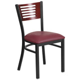 English Elm Commercial Grade Series Black Slat Back Metal Restaurant Chair - Mahogany Wood Back, Vinyl Seat