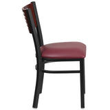 English Elm Commercial Grade Series Black Slat Back Metal Restaurant Chair - Mahogany Wood Back, Vinyl Seat