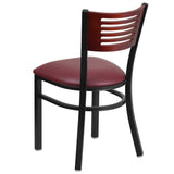 English Elm Commercial Grade Series Black Slat Back Metal Restaurant Chair - Mahogany Wood Back, Vinyl Seat