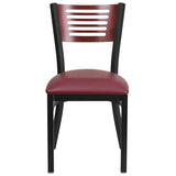 English Elm Commercial Grade Series Black Slat Back Metal Restaurant Chair - Mahogany Wood Back, Vinyl Seat