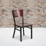 English Elm Commercial Grade Series Black Slat Back Metal Restaurant Chair - Mahogany Wood Back & Seat