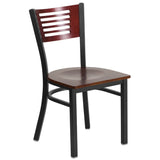 English Elm Commercial Grade Series Black Slat Back Metal Restaurant Chair - Mahogany Wood Back & Seat