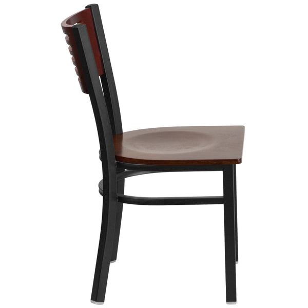 English Elm Commercial Grade Series Black Slat Back Metal Restaurant Chair - Mahogany Wood Back & Seat