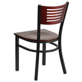 English Elm Commercial Grade Series Black Slat Back Metal Restaurant Chair - Mahogany Wood Back & Seat