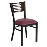 English Elm Commercial Grade Series Black Slat Back Metal Restaurant Chair - Walnut Wood Back, Vinyl Seat