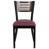 English Elm Commercial Grade Series Black Slat Back Metal Restaurant Chair - Walnut Wood Back, Vinyl Seat