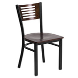 English Elm Commercial Grade Series Black Slat Back Metal Restaurant Chair - Walnut Wood Back & Seat