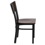 English Elm Commercial Grade Series Black Slat Back Metal Restaurant Chair - Walnut Wood Back & Seat