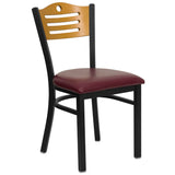 English Elm Commercial Grade Series Black Slat Back Metal Restaurant Chair - Natural Wood Back, Vinyl Seat