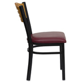 English Elm Commercial Grade Series Black Slat Back Metal Restaurant Chair - Natural Wood Back, Vinyl Seat