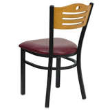 English Elm Commercial Grade Series Black Slat Back Metal Restaurant Chair - Natural Wood Back, Vinyl Seat