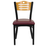 English Elm Commercial Grade Series Black Slat Back Metal Restaurant Chair - Natural Wood Back, Vinyl Seat