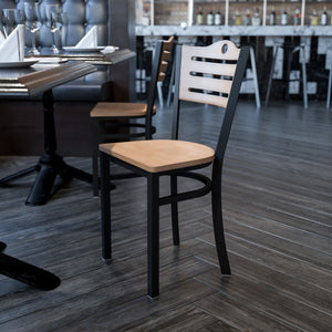 English Elm Commercial Grade Series Black Slat Back Metal Restaurant Chair - Wood Back & Seat