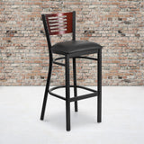 English Elm Commercial Grade Series Slat Back Metal Restaurant Barstool - Mahogany Wood Back, Vinyl Seat