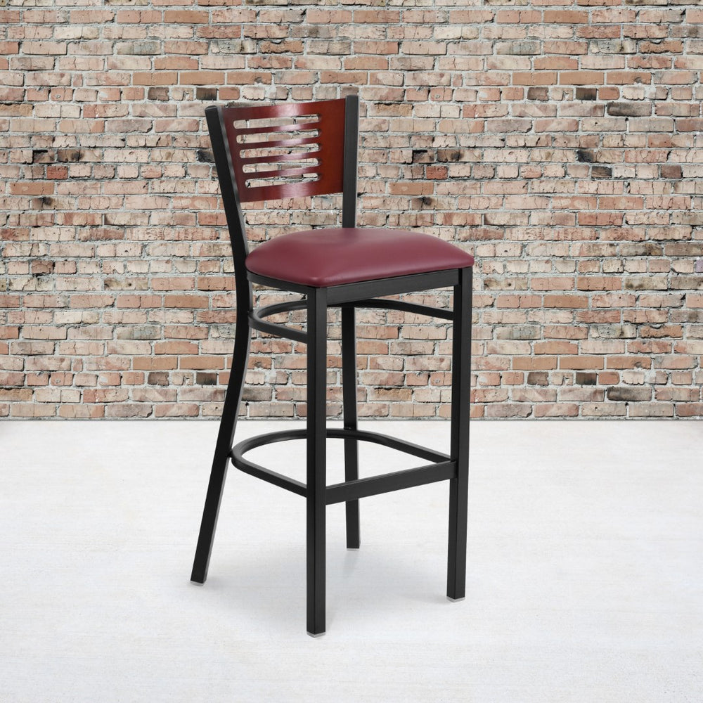 English Elm Commercial Grade Series Black Slat Back Metal Restaurant Barstool - Mahogany Wood Back, Vinyl Seat