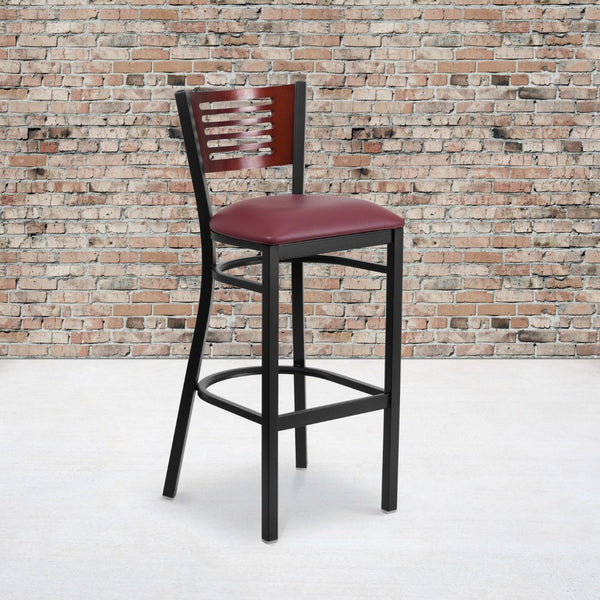 English Elm Commercial Grade Series Black Slat Back Metal Restaurant Barstool - Mahogany Wood Back, Vinyl Seat