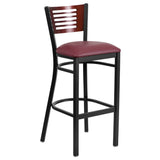 English Elm Commercial Grade Series Black Slat Back Metal Restaurant Barstool - Mahogany Wood Back, Vinyl Seat