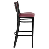 English Elm Commercial Grade Series Black Slat Back Metal Restaurant Barstool - Mahogany Wood Back, Vinyl Seat