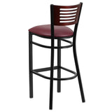 English Elm Commercial Grade Series Black Slat Back Metal Restaurant Barstool - Mahogany Wood Back, Vinyl Seat