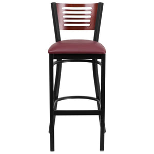 English Elm Commercial Grade Series Black Slat Back Metal Restaurant Barstool - Mahogany Wood Back, Vinyl Seat