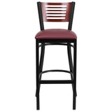 English Elm Commercial Grade Series Black Slat Back Metal Restaurant Barstool - Mahogany Wood Back, Vinyl Seat