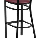 English Elm Commercial Grade Series Black Slat Back Metal Restaurant Barstool - Mahogany Wood Back, Vinyl Seat