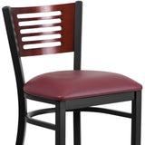 English Elm Commercial Grade Series Black Slat Back Metal Restaurant Barstool - Mahogany Wood Back, Vinyl Seat