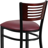 English Elm Commercial Grade Series Black Slat Back Metal Restaurant Barstool - Mahogany Wood Back, Vinyl Seat