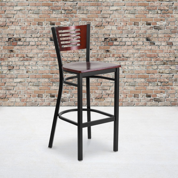 English Elm Commercial Grade Series Black Slat Back Metal Restaurant Barstool - Mahogany Wood Back & Seat