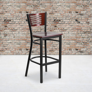 English Elm Commercial Grade Series Black Slat Back Metal Restaurant Barstool - Mahogany Wood Back & Seat