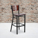 Commercial Grade Series Black Slat Back Metal Restaurant Barstool - Mahogany Wood Back & Seat