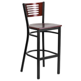 English Elm Commercial Grade Series Black Slat Back Metal Restaurant Barstool - Mahogany Wood Back & Seat