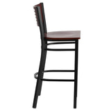 English Elm Commercial Grade Series Black Slat Back Metal Restaurant Barstool - Mahogany Wood Back & Seat