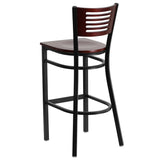 English Elm Commercial Grade Series Black Slat Back Metal Restaurant Barstool - Mahogany Wood Back & Seat