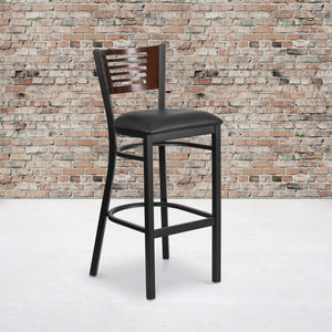 English Elm Commercial Grade Series Slat Back Metal Restaurant Barstool - Walnut Wood Back, Vinyl Seat