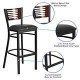 English Elm Commercial Grade Series Slat Back Metal Restaurant Barstool - Walnut Wood Back, Vinyl Seat