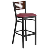 English Elm Commercial Grade Series Black Slat Back Metal Restaurant Barstool - Walnut Wood Back, Vinyl Seat